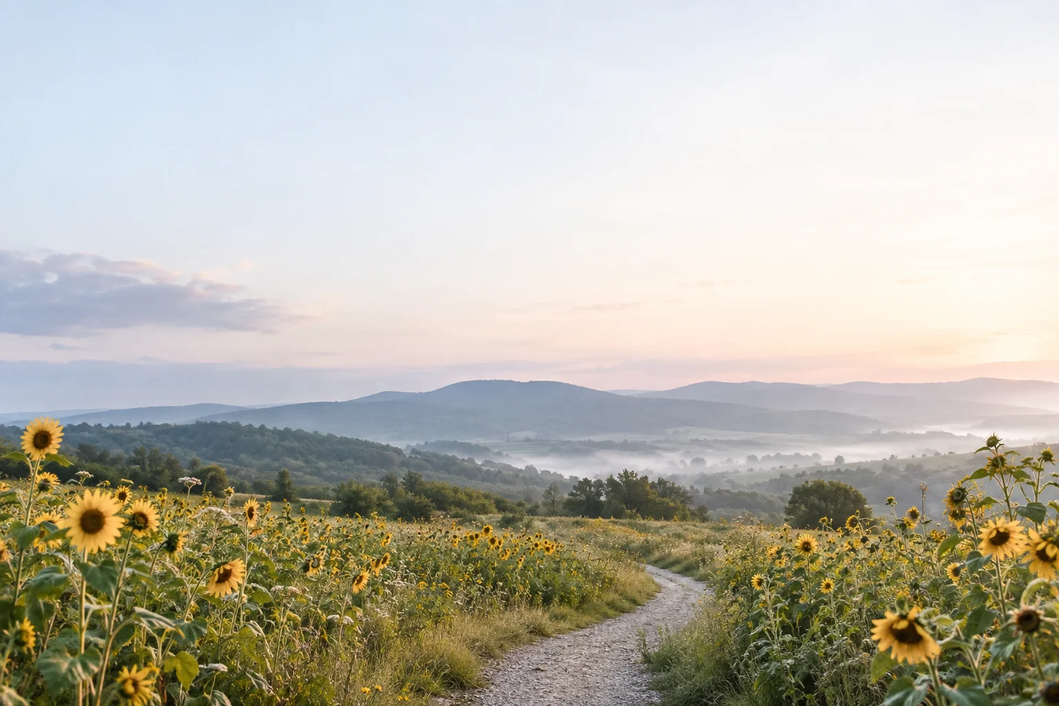 A quiet path winds through sunflowers toward misty green hills.